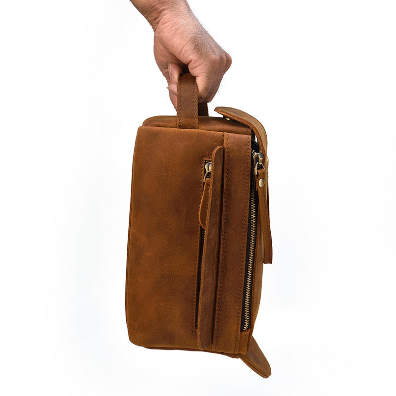 Brown Leather Men's Clutch Bag Double Zipped Dark Brown Wristlet Handbag Storage Bag For Men