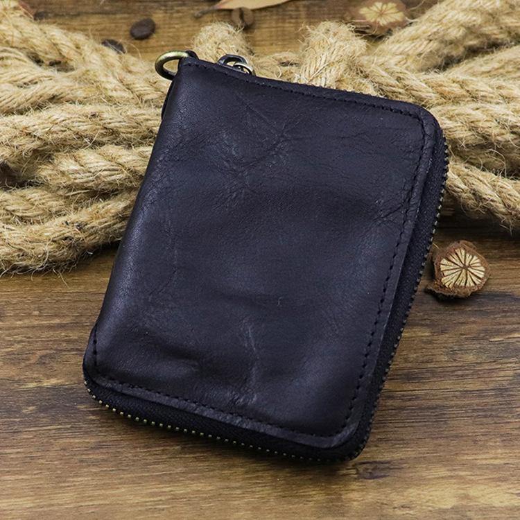 Brown Men Leather Zip Billfold Small Chain Wallet with Coin Pocket Biker Bifold Chain Wallet for Men