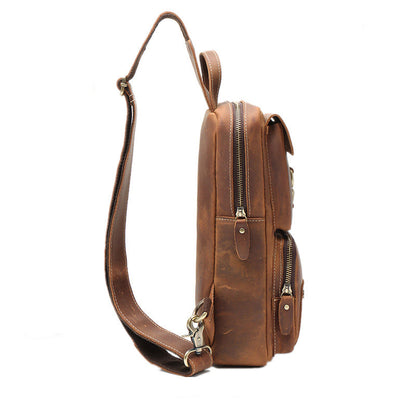 Brown Leather Men's Sling Bag Brown Sling Pack Chest Bags One Shoulder Backpack For Men