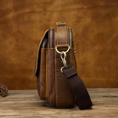 Vintage Brown Leather Mens Small Vertical Side Bag Shoulder Bags Messenger Bag For Men