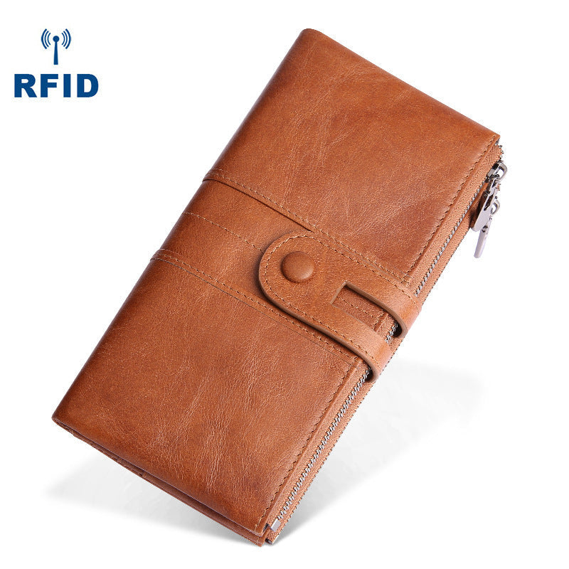 RFID Cool Leather Brown Men's Bifold Long Wallet Multi Cards Black Long Wallet For Men