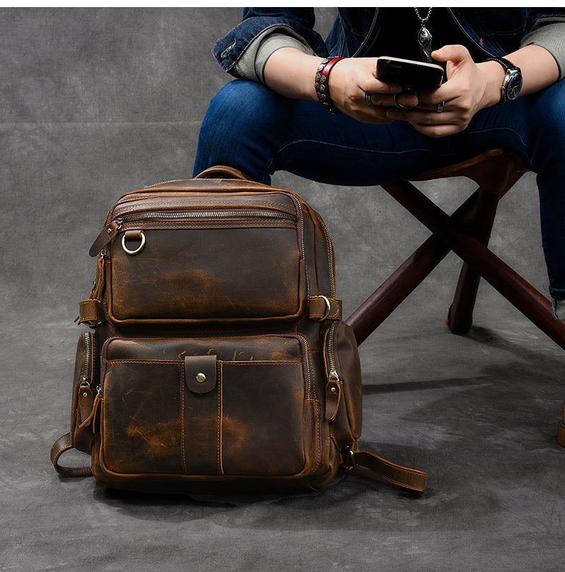 Brown Leather Mens 14' Laptop Hiking Backpack Travel Backpack College Backpack for Men