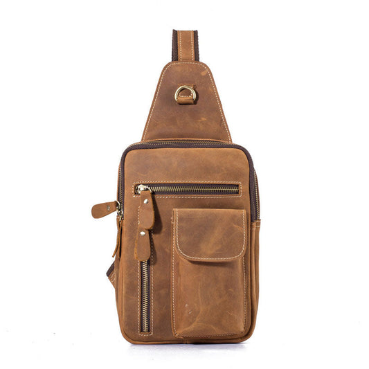 Brown Leather One Shoulder Backpack Chest Bag Sling Bag Sling  Crossbody Bag For Men