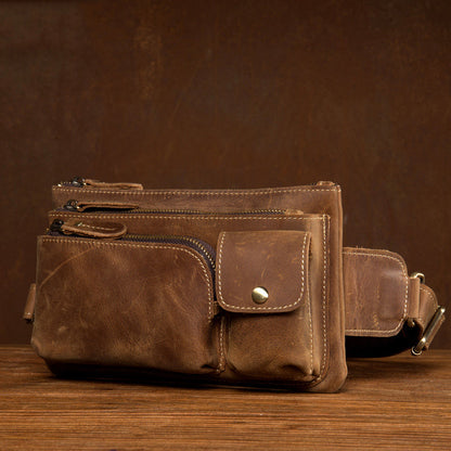 Vintage Brown Leather Mens Fanny Pack Waist Bag Coffee Hip Pack Belt Bag Bumbag for Men