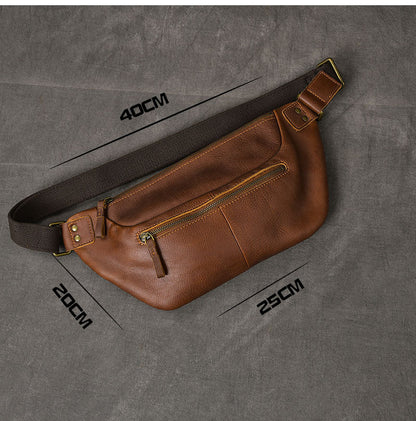 Cool Leather Mens 8' Large Brown Fanny Pack Waist Bag Hip Bag Chest Bag for Men