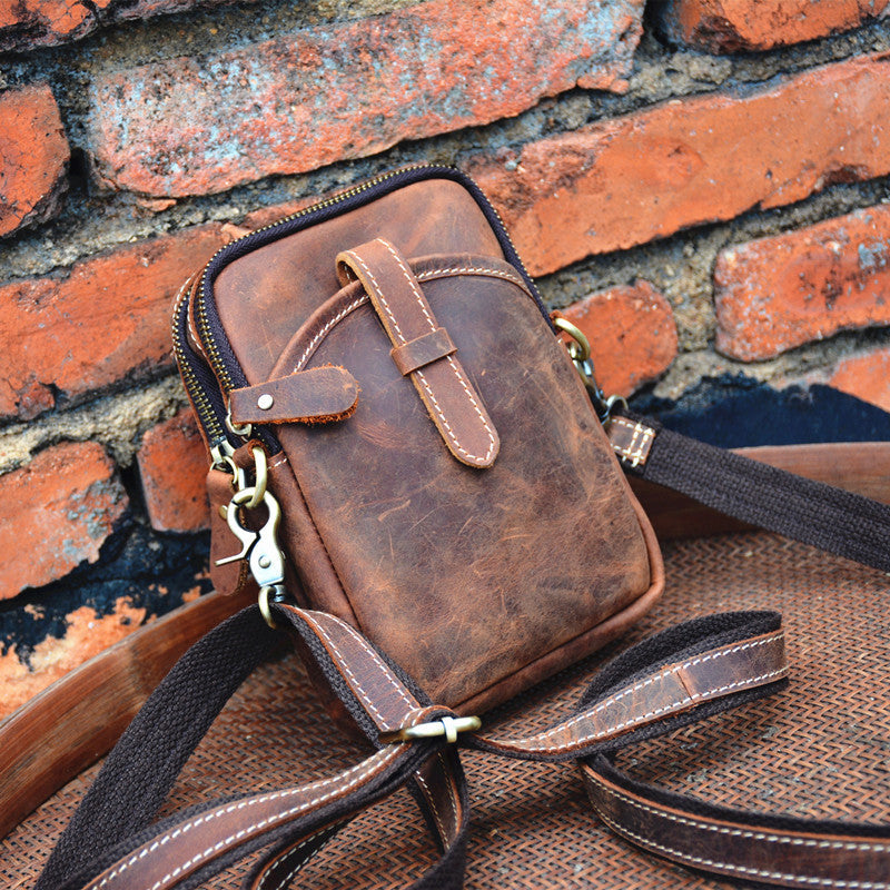 Vintage Brown Leather Men's Cell Phone Holsters Brown Belt Pouch Mini Side Bag For Men