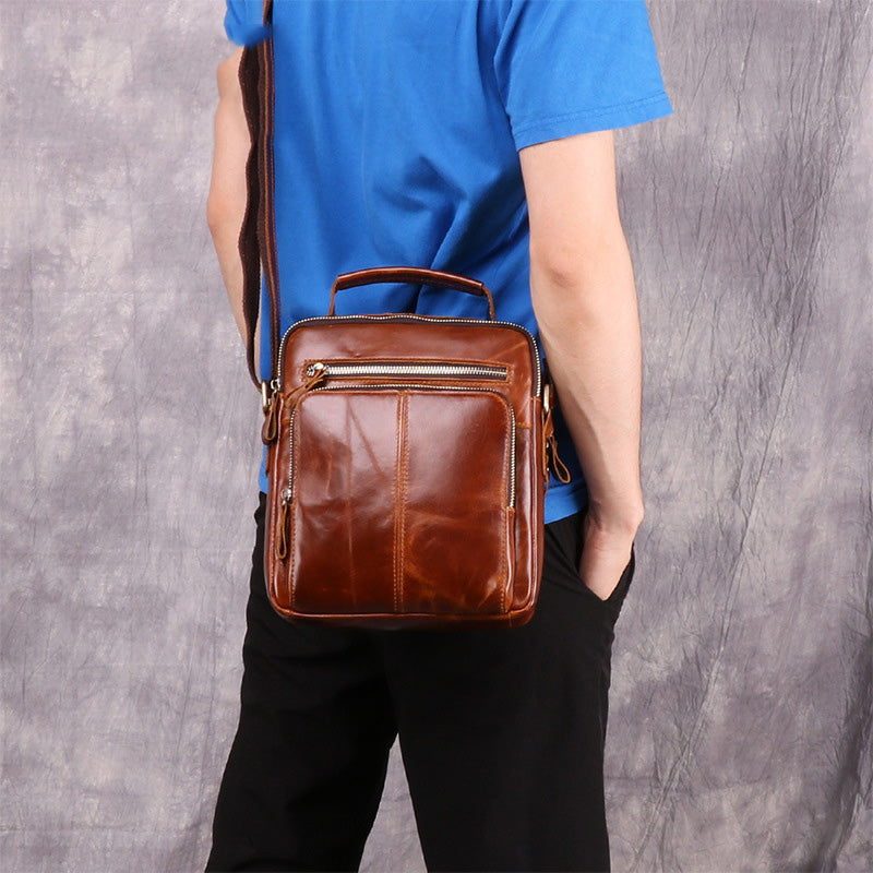 Cool Brown Leather Men's Small Vertical Side Bag Blue Vertical Messenger Bag For Men