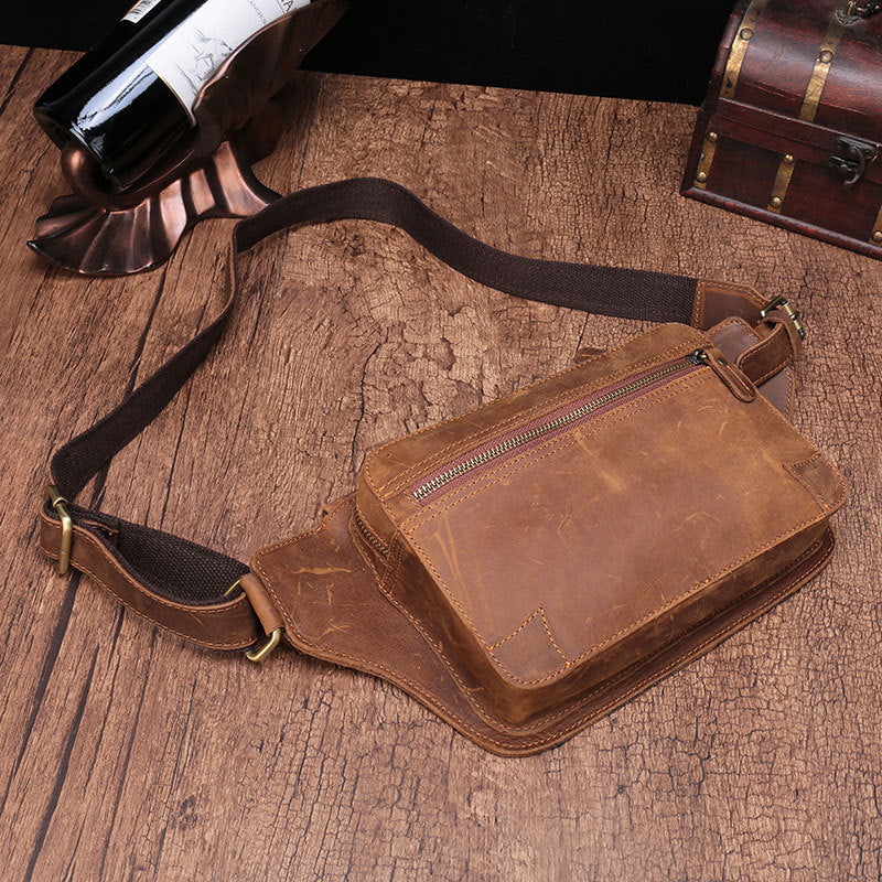 Vintage Brown Leather Men's Fanny Pack Coffee Chest Bag Waist Bag For Men