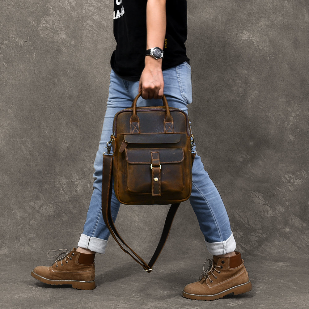 Vintage Leather Mens 10'' Vertical Brown Briefcase Handbag Bag Shoulder Bag Side Bag For Men