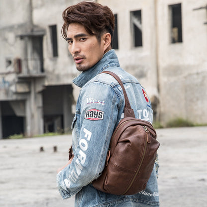 Handmade Brown Leather Mens Sling Bag Sling Pack Chest Bag Black One Shoulder Backpack for Men