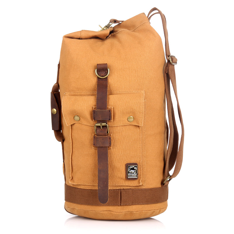 Khaki CANVAS Barrel MENS 20'' Bucket BACKPACK Brown Travel Backpack Khaki One Shoulder Hiking Bag For Men FOR MEN