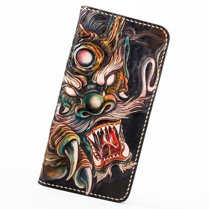 Handmade Leather Mens Clutch Wallet Cool Chinese Dragon Tooled Wallet Long Zipper Wallets for Men