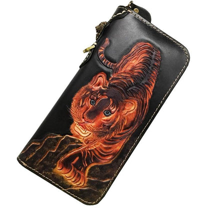 Black Handmade Tooled Tiger Leather Long Biker Wallet Chain Wallet Clutch Wallet For Men