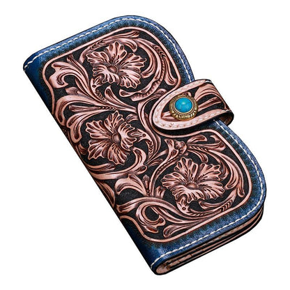 Handmade Leather Tooled Floral Mens Clutch Wallet Cool Wallet Long Wallets for Men Women