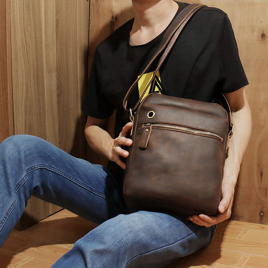 Casual Dark Coffee Leather Messenger Bag Men's 8 inches Side Bag Vertical Phone Bag Courier Bag For Men