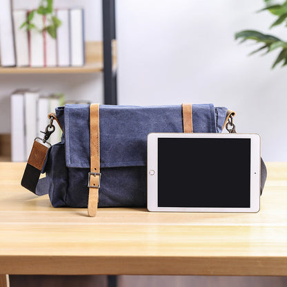 Waxed Canvas Leather Mens Waterproof 10'' Side Bag Courier Bag Blue Messenger Bag For Men