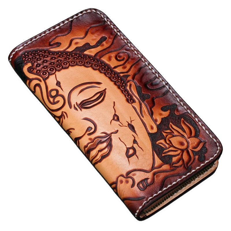 Handmade Leather Mens Clutch Wallet Cool Buddha&Demon Tooled Wallet Long Zipper Wallets for Men