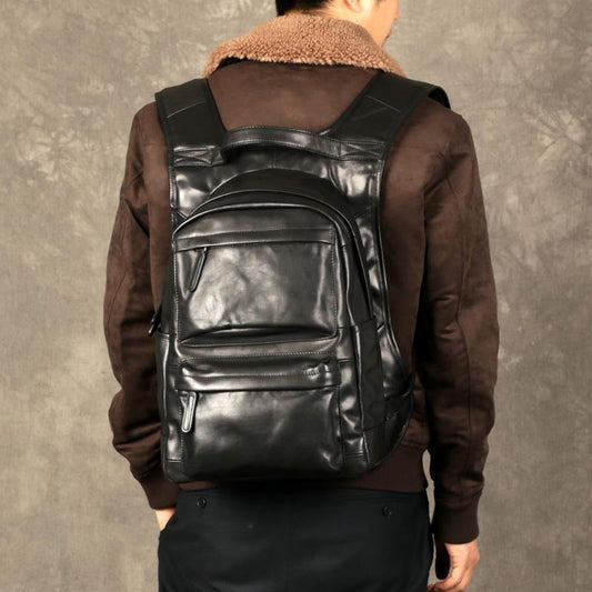 Fashion Leather Men's 15 inches Computer Backpack Black Large Travel Backpack Coffee Large College Backpack For Men