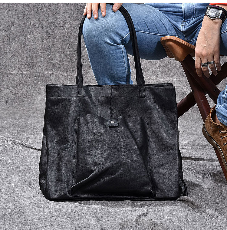 Leather Mens Womens 15' Large Shoulder Bag Black Tote Bag Large Side Bag Handbag For Men