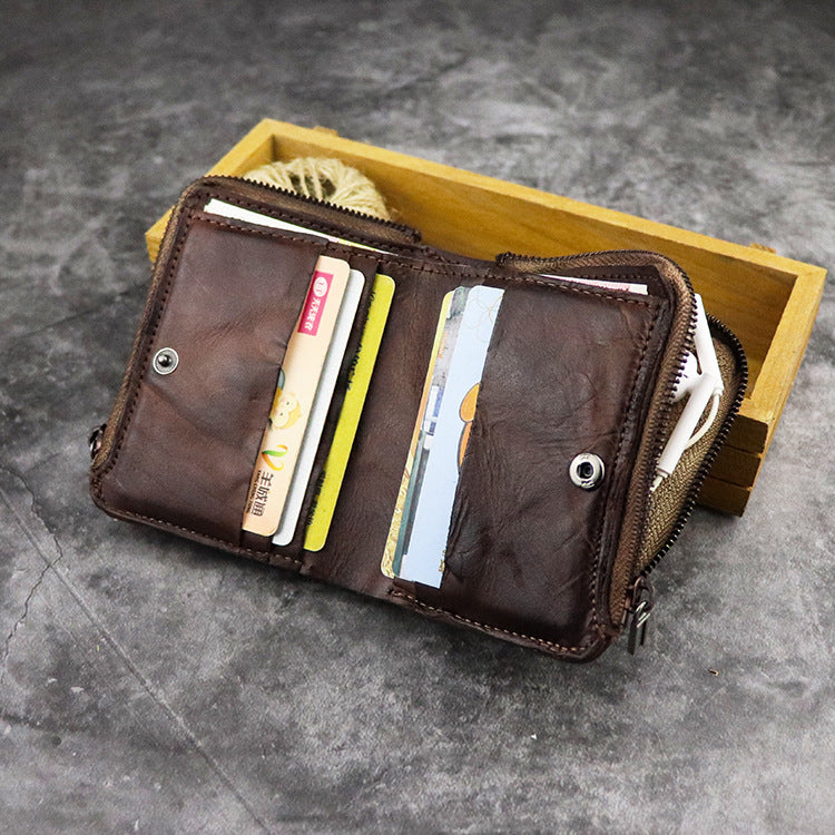 Brown Leather Men's Yellow Zipper Camel Small Wallet Bifold billfold Card Wallet For Men