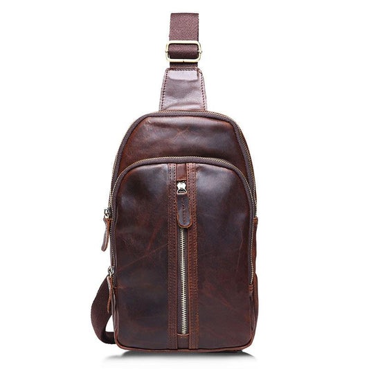 Cool Mens Red Brown Leather Chest Bag Sling Bag Crossbody Sling Bag For Men