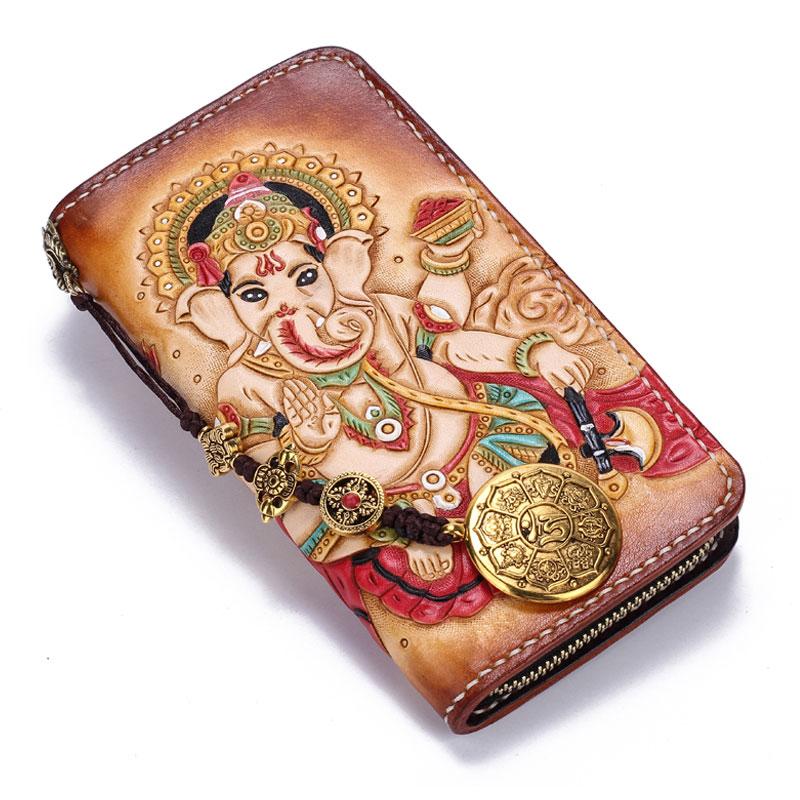 Handmade Leather Mens Clutch Wallet Cool Ganesha Tooled Wallet Long Zipper Wallets for Men