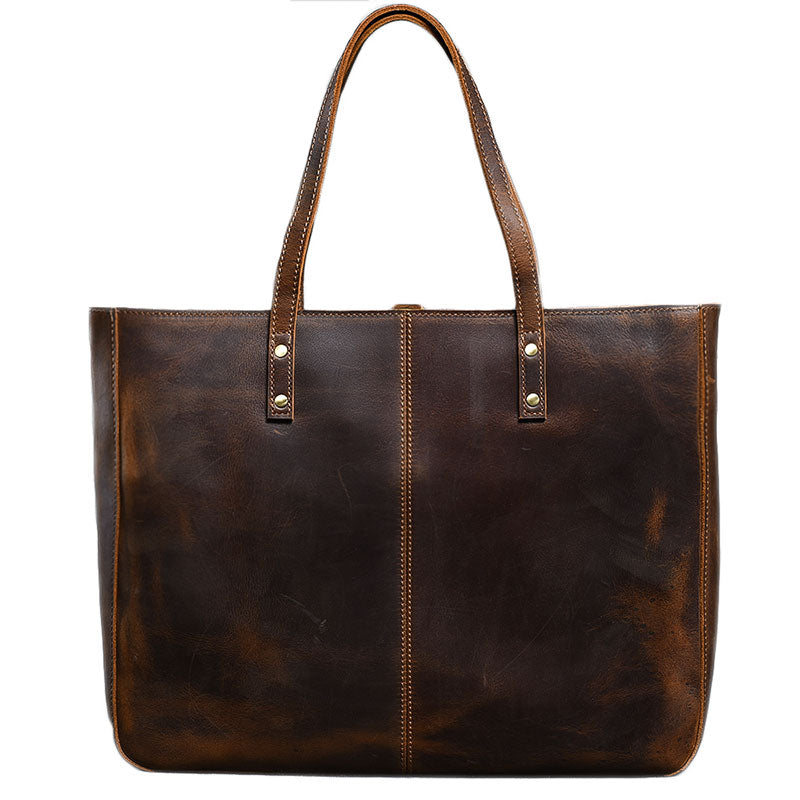 Leather Mens Womens 14' Large Tote Shoulder Bag Vintage Brown Tote Bag Large Side Bag For Men