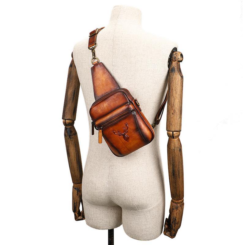 Vintage Brown Leather Deer Womens Men's Sling Bag Chest Bag Sling Pack Sling Backpack For Men