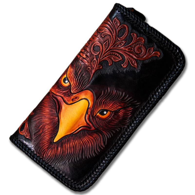 Handmade Leather Men Tooled Eagle Cool Leather Wallet Long Phone Clutch Wallets for Men