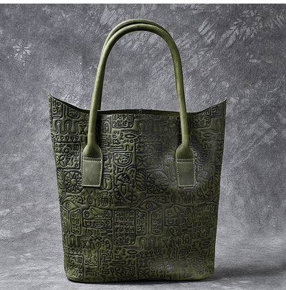 Leather Mens Womens 14' Large Shoulder Bag Dark Green Tote Bag Large Side Bag For Men