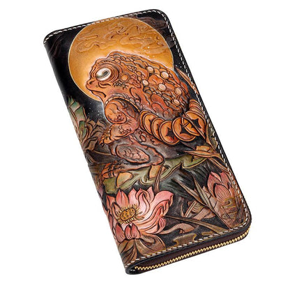 Handmade Leather Mens Clutch Wallet Cool Gold Toad Triped Crow Tooled Wallet Long Zipper Wallets for Men