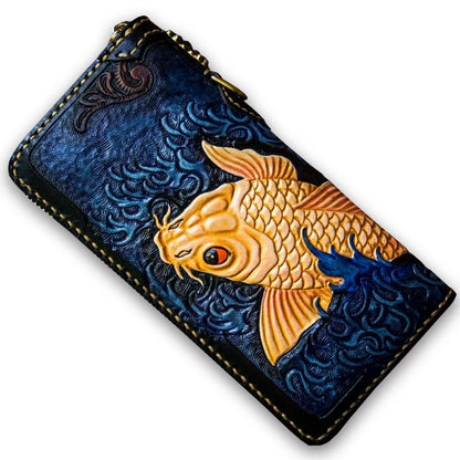 Handmade Leather Men Tooled Carp Cool Leather Wallet Long Phone Wallets for Men