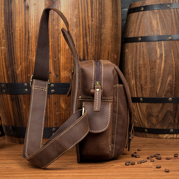 Casual Brown Leather Mens Sling Packs Sling Bag Chest Bag One Shoulder Backpack for Men