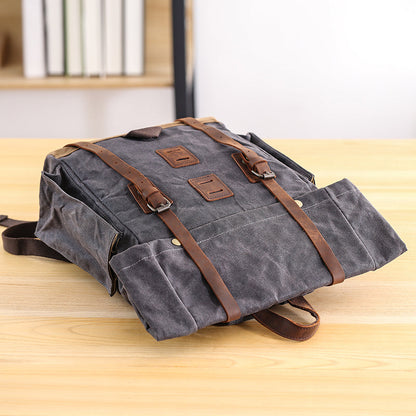 Waxed Canvas Leather Mens 16¡®¡¯ Army Green Backpack Travel Backpack Gray Hiking Backpack for Men