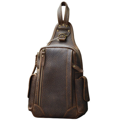 Brown Leather Men's Sling Bag Chest Bag Cool One shoulder Backpack For Men