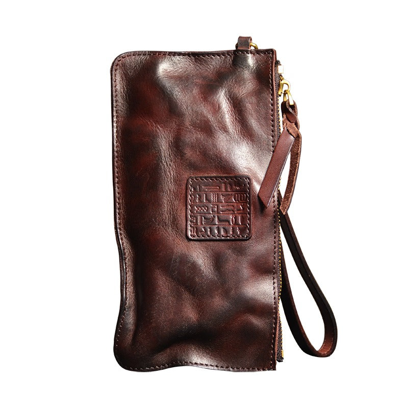 Coffee Leather Mens Zipper Clutch Wallet Wrinkled Wristlet Wallet Wallet Clutch for Men