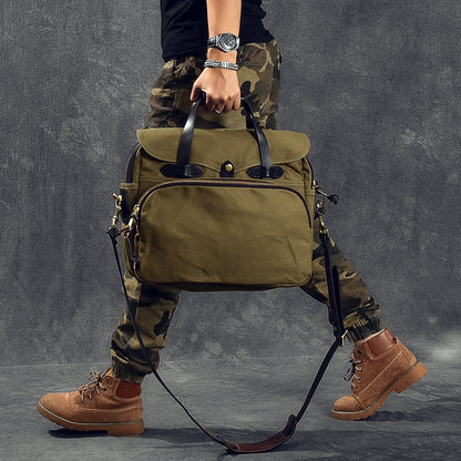 Canvas Leather Mens Khaki Briefcase 15'' Side Bag Messenger Bag Shoulder Bag For Men