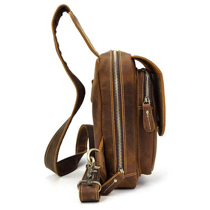 Leather Men's 8 inches Brown Sling Bag Chest Bag Dark Brown One Shoulder Backpack For Men