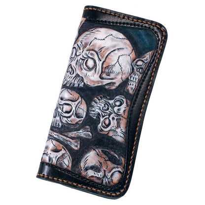 Handmade Leather Men Tooled Skull Halley Cool Leather Wallet Long Phone Wallets for Men