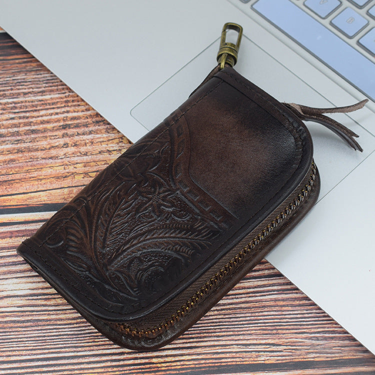 Vintage Embossed Brown Leather Men's Key Wallet Black Key Case Car Car Key Holder For Men