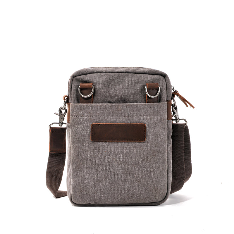 Cool Canvas Leather Mens Vertical Small Side Bag Gray Messenger Bag for Men