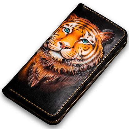 Handmade Leather Men Tooled Tiger Cool Leather Wallet Long Phone Clutch Wallets for Men