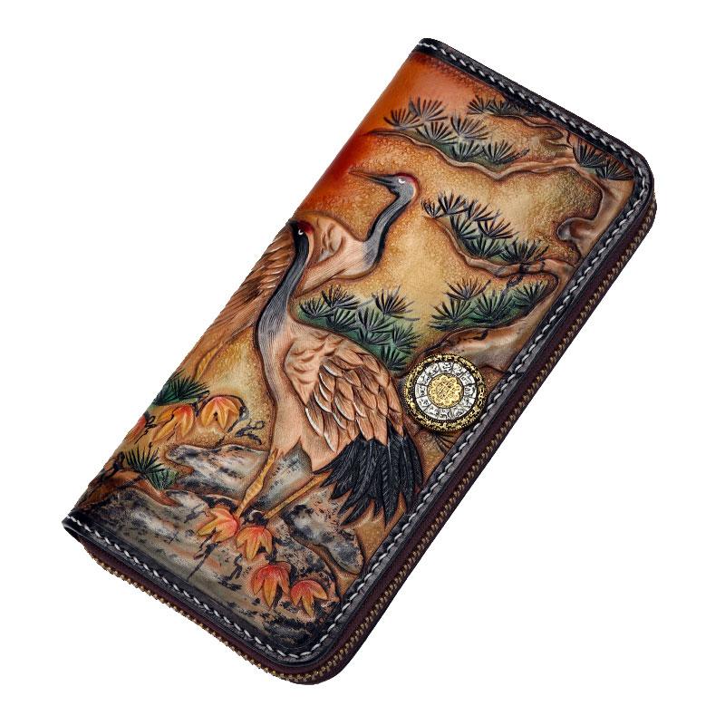 Handmade Leather Mens Clutch Wallet Cool Red-Crowned Crane Tooled Wallet Long Zipper Wallets for Men