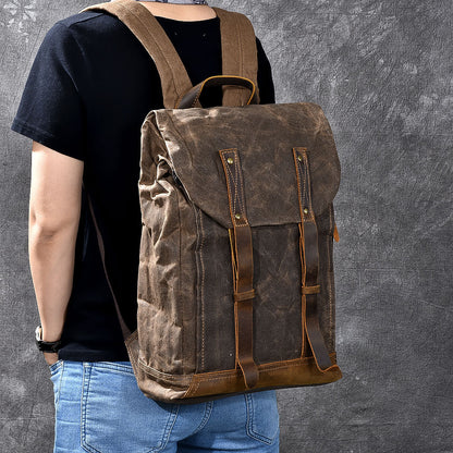 Waxed Canvas Leather Mens 15' Gray Computer Backpack Brown Travel Backpack College Backpack for Men