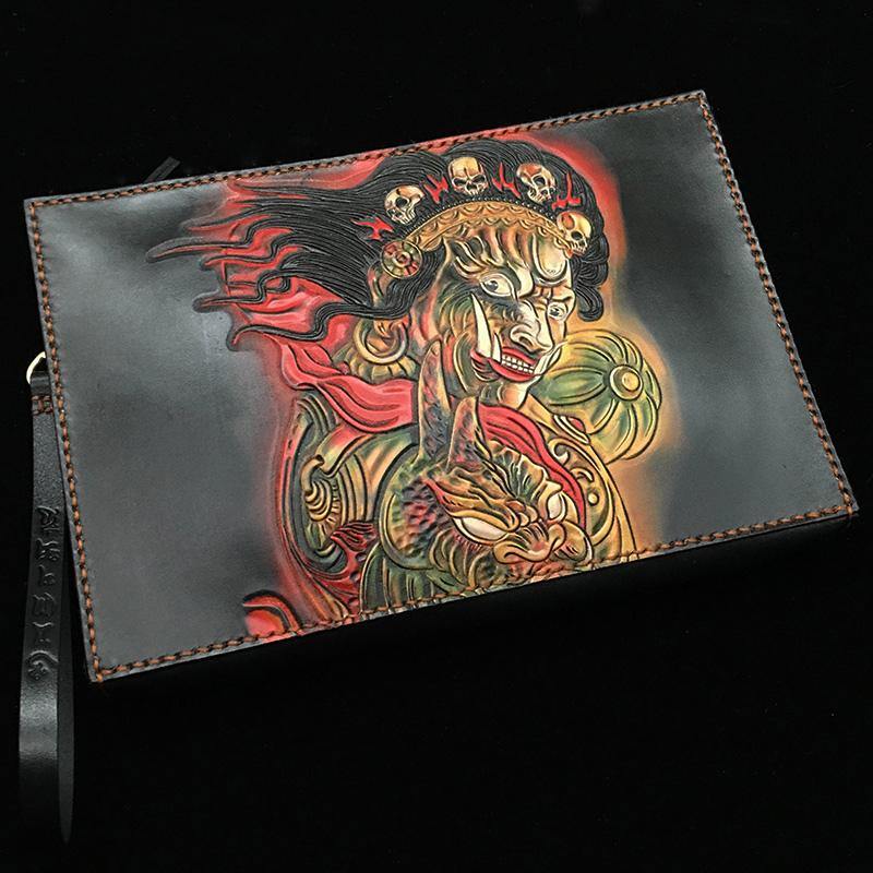 Black Handmade Tooled Leather Carp Toad Clutch Wallet Wristlet Bag Clutch Purse For Men