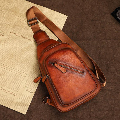 Vintage Brown Leather Men's Sling Bags Chest Bag Brown Sling Pack Sling Backpack For Men