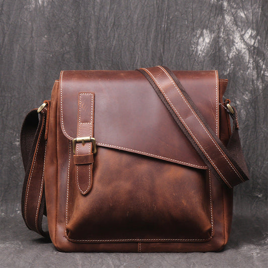 Vintage Leather Men's Small Side Bag Vertical Messenger Bag Shoulder Bag For Men