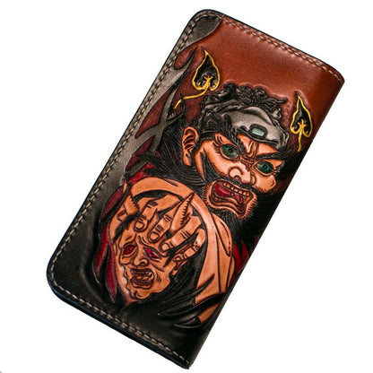 Handmade Leather Mens Clutch Wallet Tooled Cool Zhong Kui Wallet Long Zipper Wallets for Men