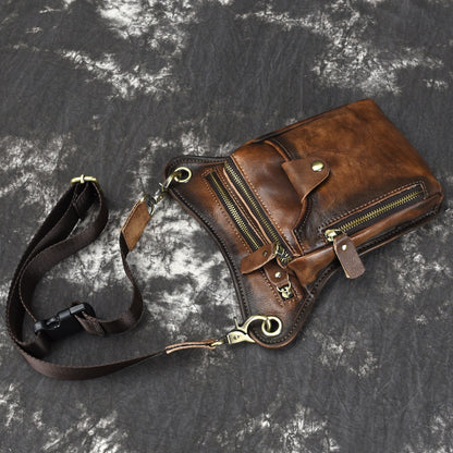 Vintage Brown Leather Men's CELL PHONE HOLSTER MINI SIDE BAG BELT POUCH Drop Leg Bag For Men