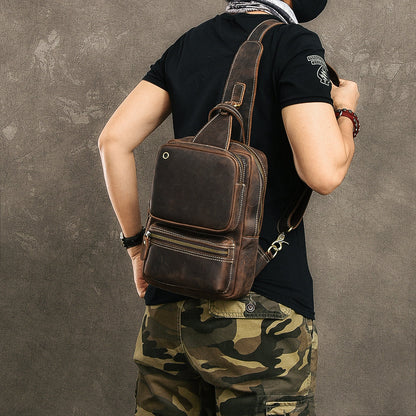 Cool Leather Mens 10' Brown Sling Bag Chest Bag Dark Coffee One Shoulder Backpack for Men